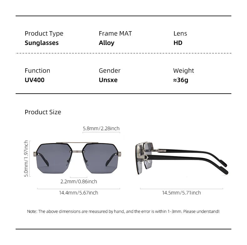 Trendy Aviator Sunglasses for Mens Womens Retro Double Bridge Metal Driving UV400 Outdoor Eyewear Semi-Rimless Lentes De Sol