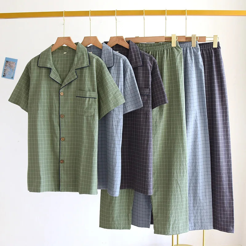Men's Pajamas Summer Thin Short-sleeved Shorts Cotton Plaid