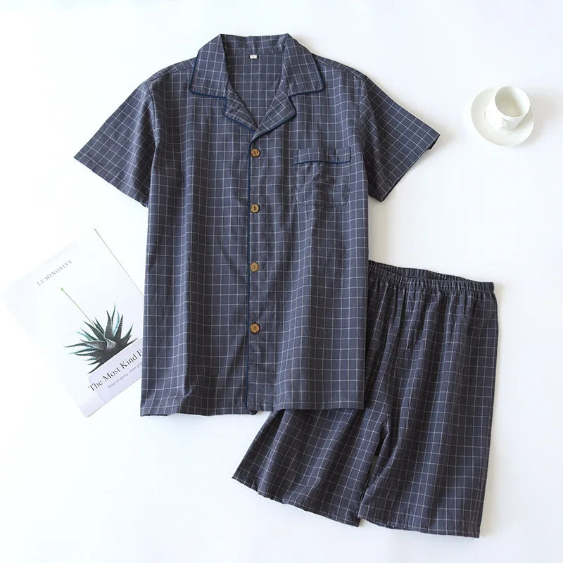 Men's Pajamas Summer Thin Short-sleeved Shorts Cotton Plaid