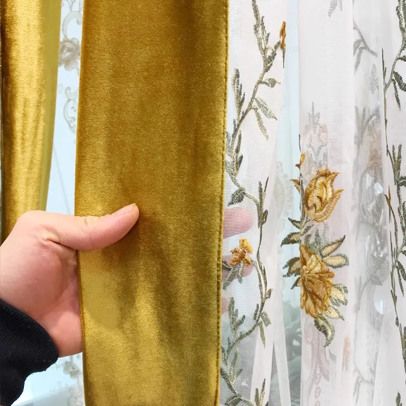 European Elegant Yellow Embroidery Tulle Curtains for Living Dining Room Bedroom - White Ladder Rope Translucidus