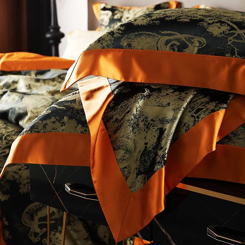 4/6Pcs Luxury Beige Gold Brocade Jacquard Egyptian Cotton Bedding Set Duvet Cover Flat/Fitted Bed Sheet Pillowcases