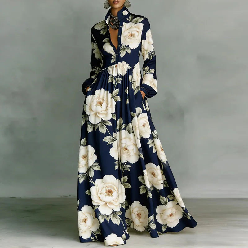 Retro Pattern Print High Waist Pleated Women Boho Dress Spring Shirt Collar Button Pockets Maxi Dress Long Sleeve