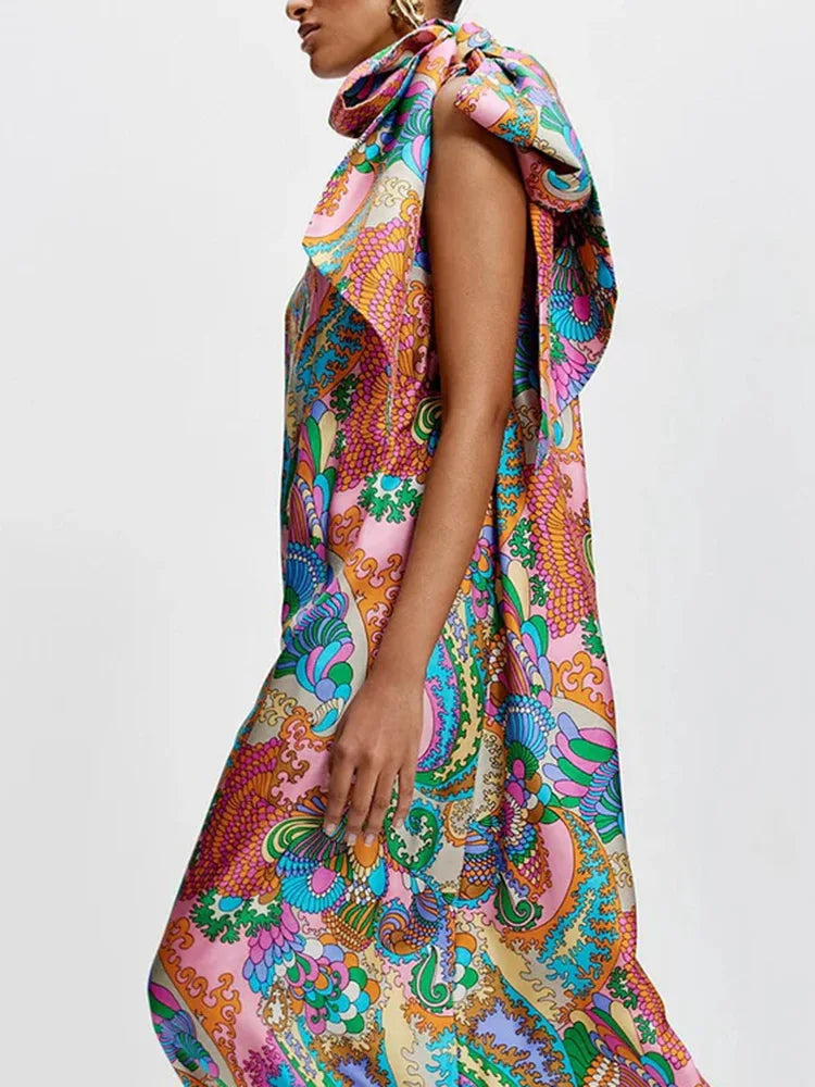 Summer Satin One-piece Robes Fashion Pattern Printed Skew Collar Halter Dress Elegant Off Shoulder Pleated Party Dress