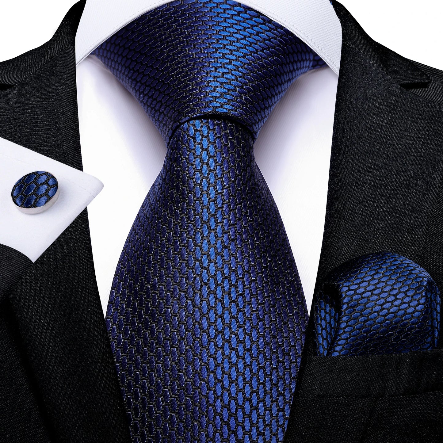 New Classic 100% Silk Men's Ties 8cm Blue Plaid Dot Striped Business Necktie Handkerchief Wedding Party Tie Set