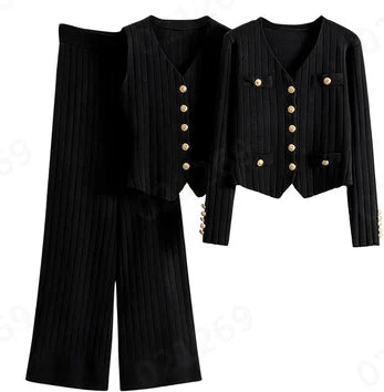 3 Piece Outfits Sweater Pullover Top & Knitted Long Cardigan & Wide Leg Pants Suits