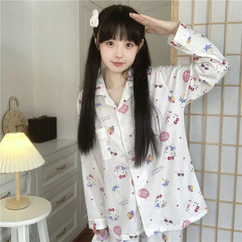 Hello Kitty 2Pcs Pajamas Set for Women Long Sleeve Tops Pants Loungewear