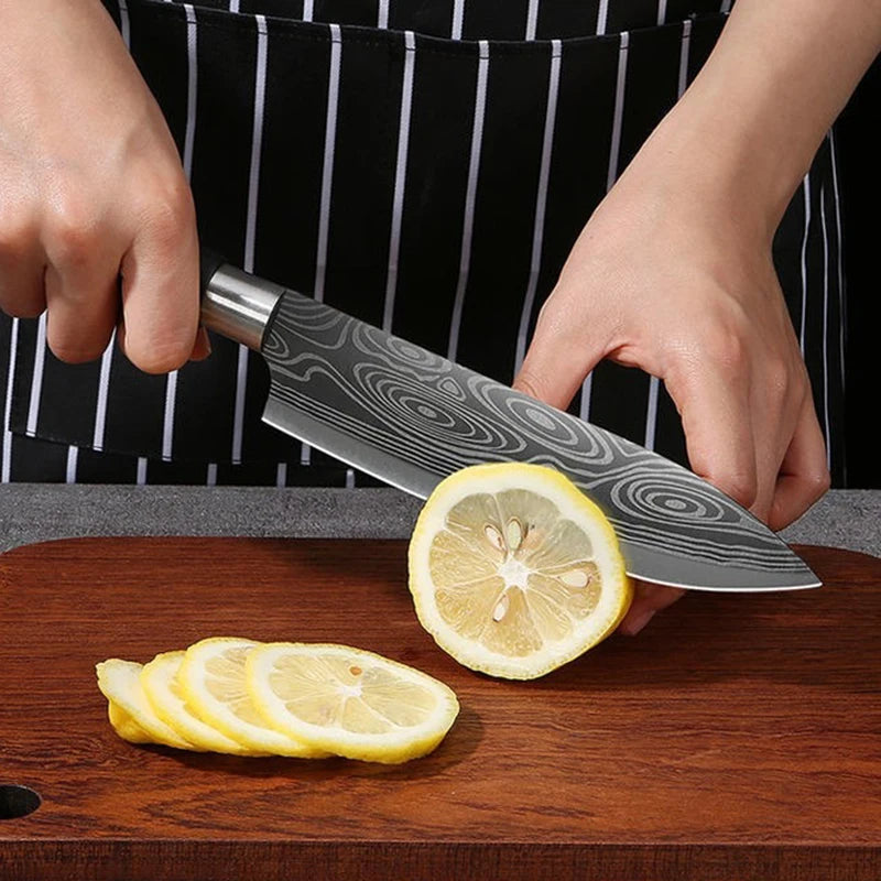Damascus Kitchen Utility Set Knives Scissors Sharpening Rod Slicing Chef knife Stainless Steel