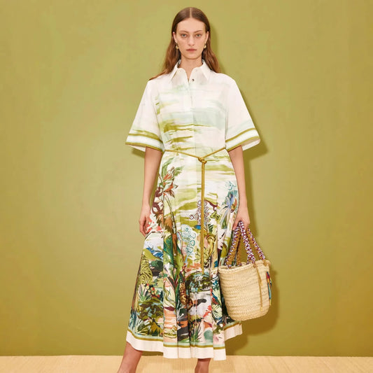 New Casual Fashion Linen Shirt Collar Cardigan Long Dress