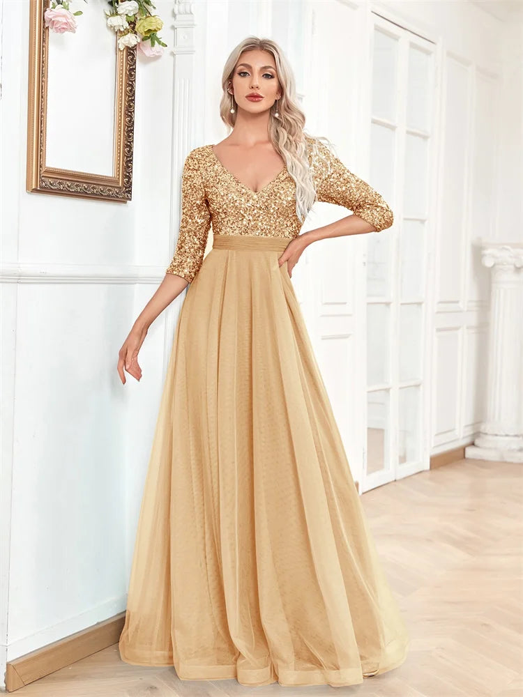 Luxury Floor Length V-Neck Evening Dress Party Maxi Dress Sequin Short Sleeves Prom Cocktail Gown
