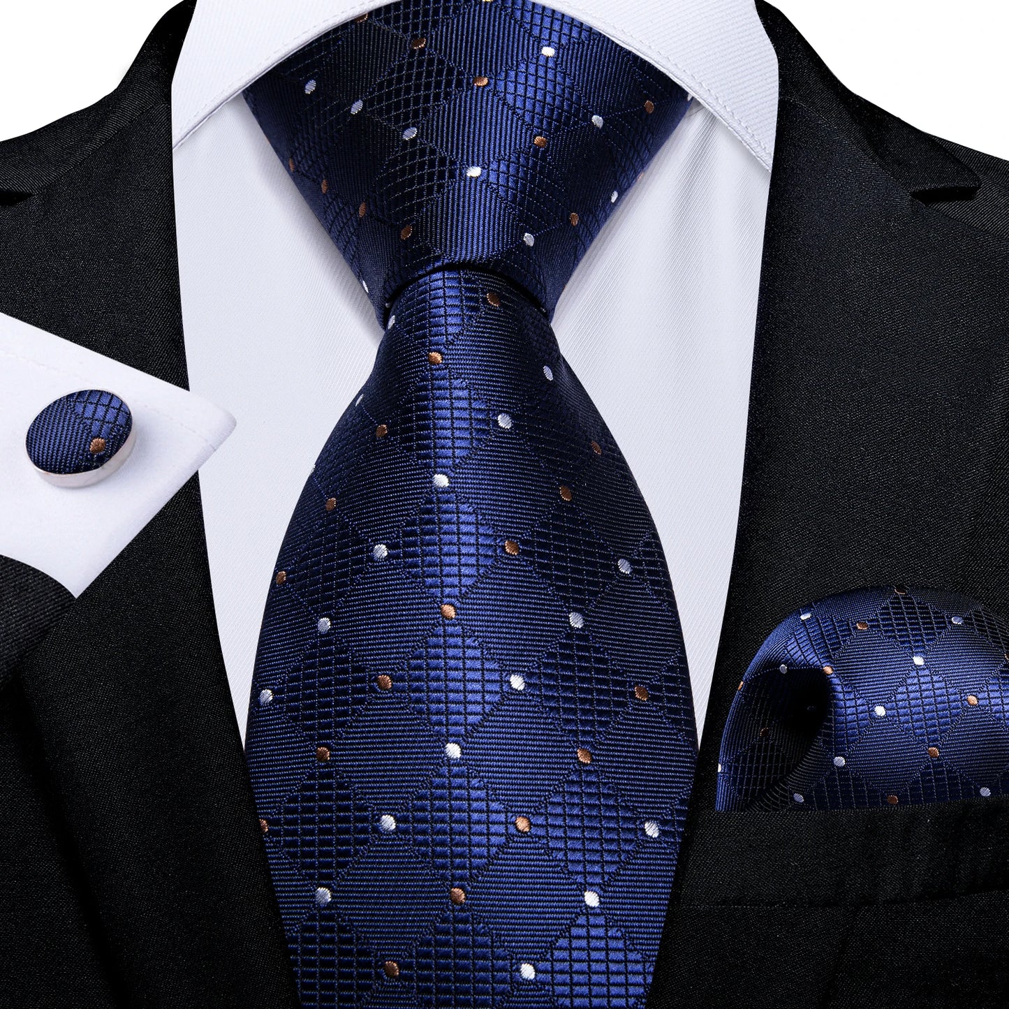 New Classic 100% Silk Men's Ties 8cm Blue Plaid Dot Striped Business Necktie Handkerchief Wedding Party Tie Set