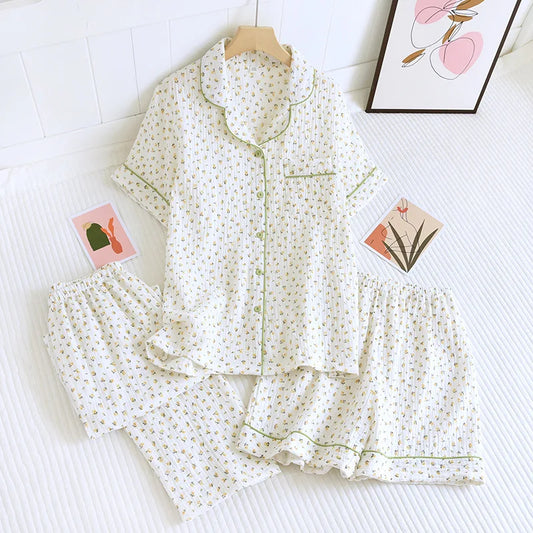 Summer women's cotton crepe three-piece short sleeve + shorts + trousers large size simple flower pajamas