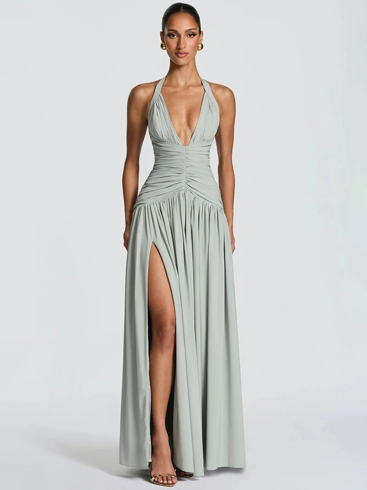 Elegant Halter Deep V Neck Sexy Maxi Women Dress Off-shoulder Sleeveless