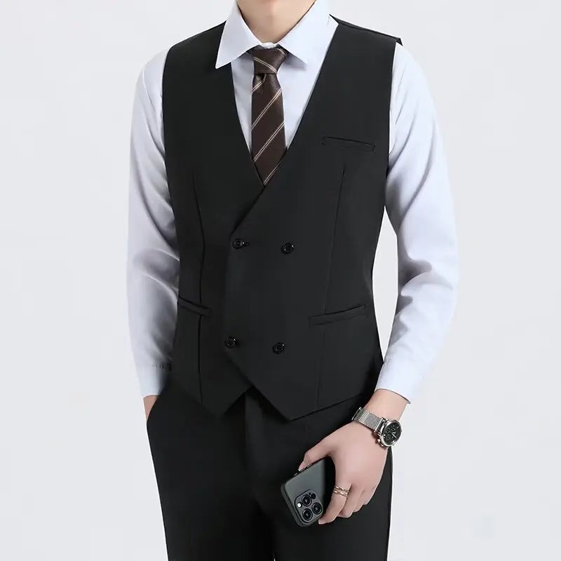 Spring and Autumn Men's Double-Breasted Suit Lapel Vest, British Retro Business Casual Solid Fit Fashion Trendy Blazer