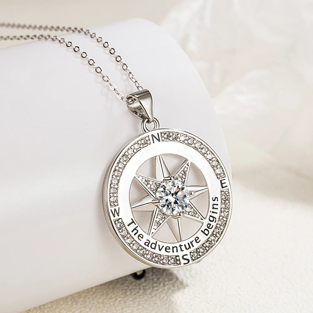 925 Sterling Silver Necklace Compass Necklace with Cubic Zirconia Stone for Women High Quality Jewelry