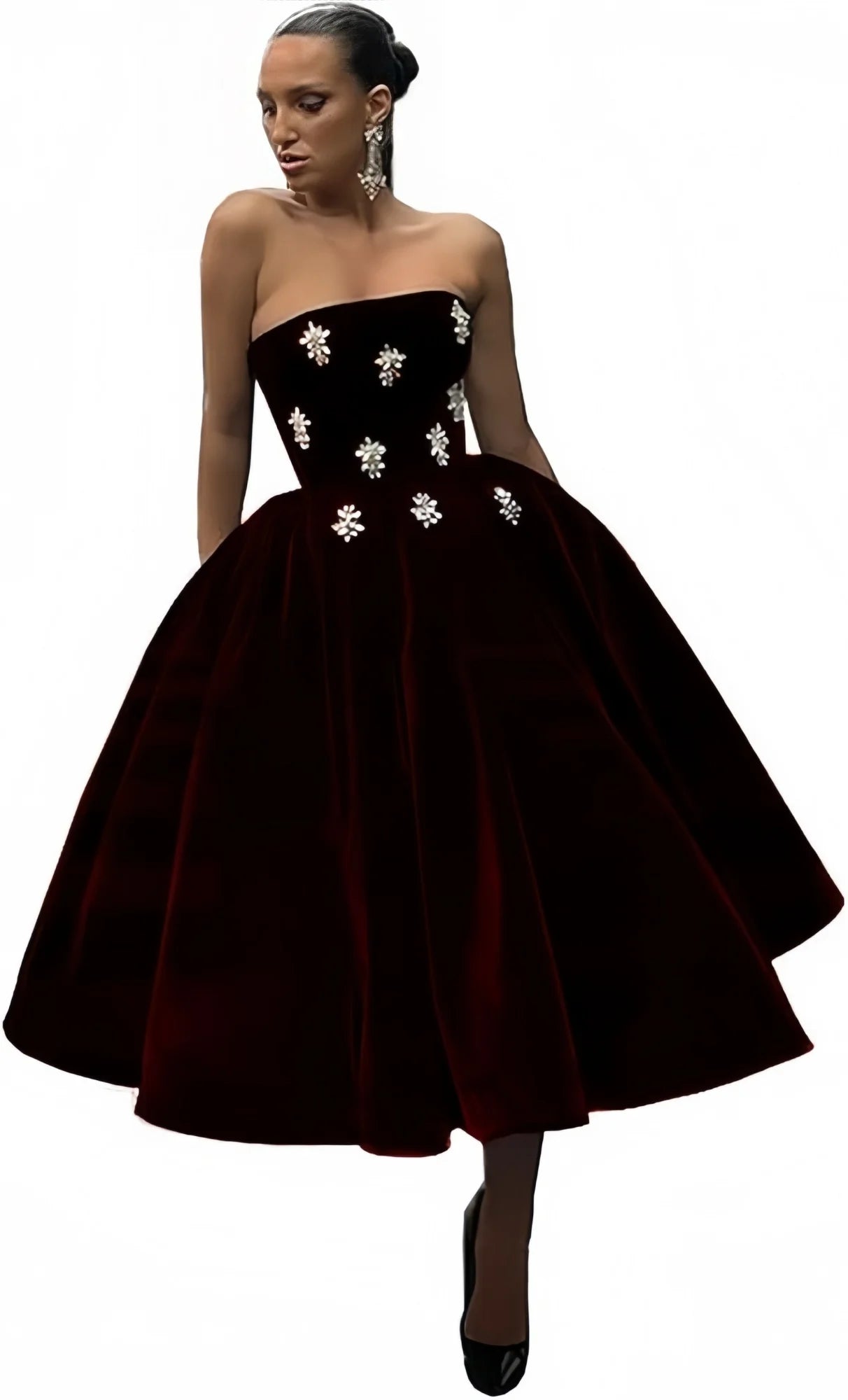 Dark Red Velvet Midi Prom Dresses A-Line Strapless Crystals Pleated Velour Knee Length Formal Party Dresses