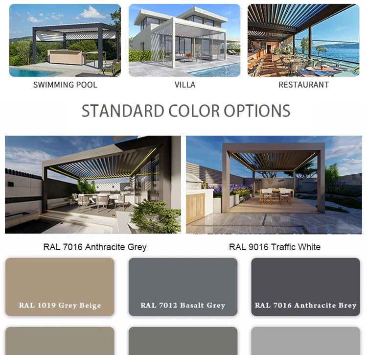 Aluminum pergola, rainproof, electrically adjustable gazebo, electric louvered awning, outdoor patio sunshade.