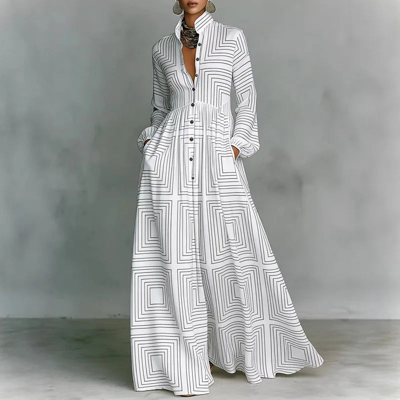 Retro Pattern Print High Waist Pleated Women Boho Dress Spring Shirt Collar Button Pockets Maxi Dress Long Sleeve