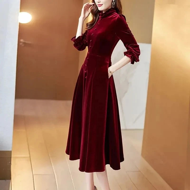 Wine Red Golden Women Velvet Dress Long Sleeved Long Dresses