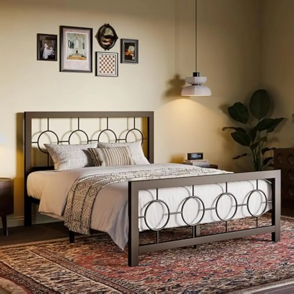 Bed Frame with Vintage Circular Design Headboard and Footboard, No Box Spring Required, Easy Assembly, Noise-Free