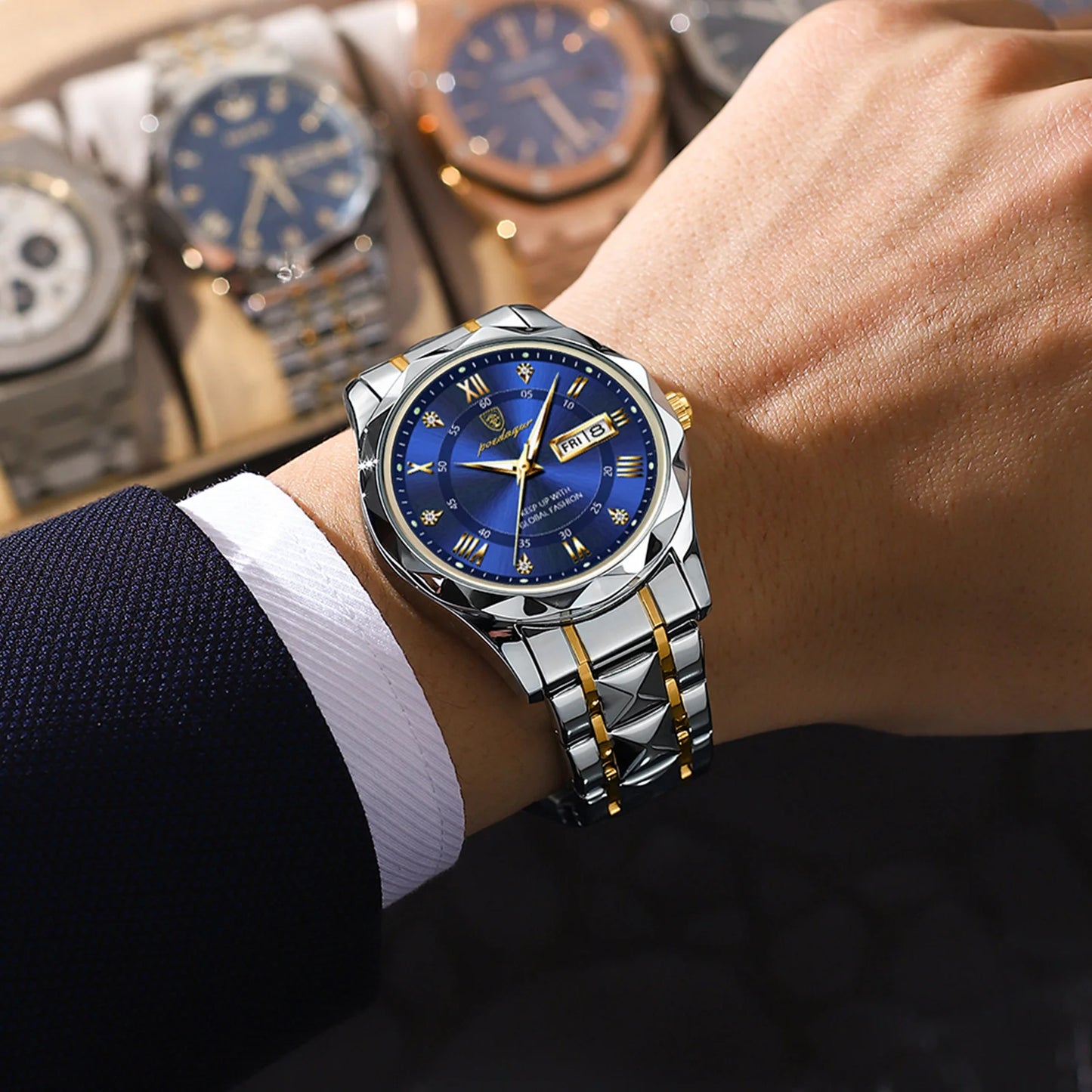 POEDAGAR Top Brand Luxury Men's Waterproof Stainless Steel Quartz Watch Luminous Calendar Week