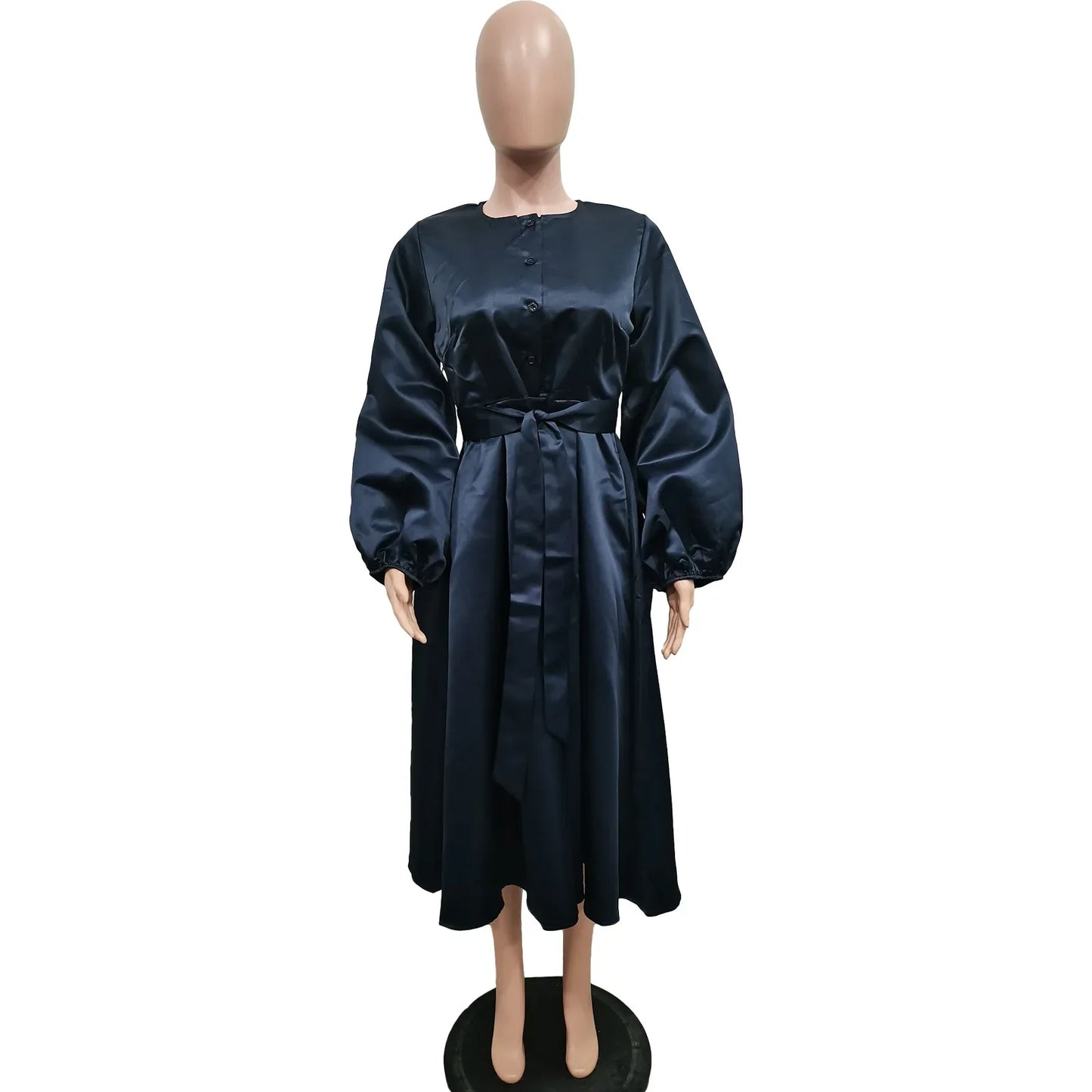 Satin Puff Sleeve Evening Dress for Women Pleated A-Line Round Neck Elegant Party Midi Dress with Belt