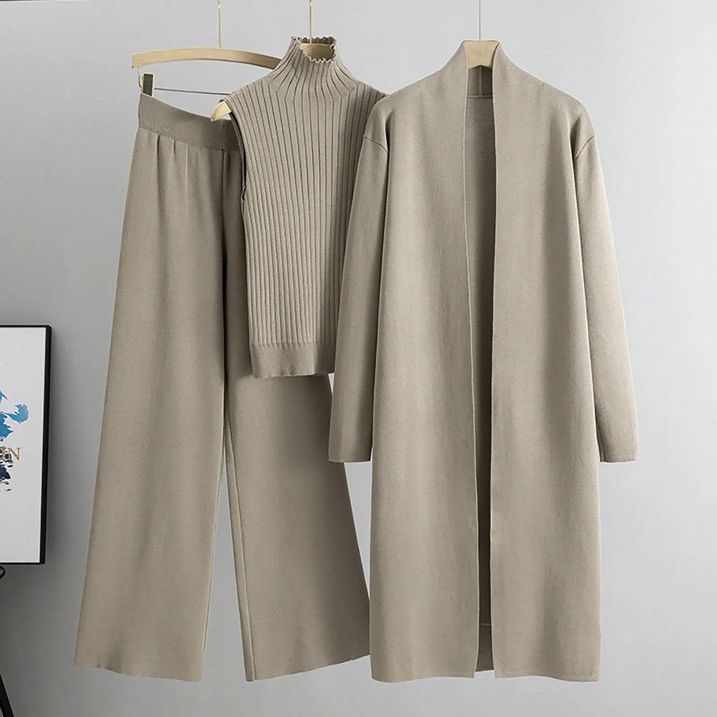 3 Piece Outfits Sweater Pullover Top & Knitted Long Cardigan & Wide Leg Pants Suits