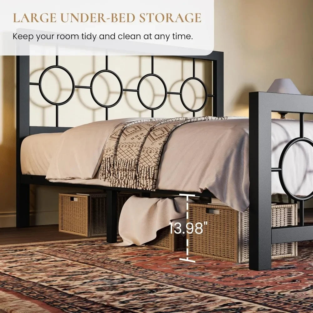 Bed Frame with Vintage Circular Design Headboard and Footboard, No Box Spring Required, Easy Assembly, Noise-Free