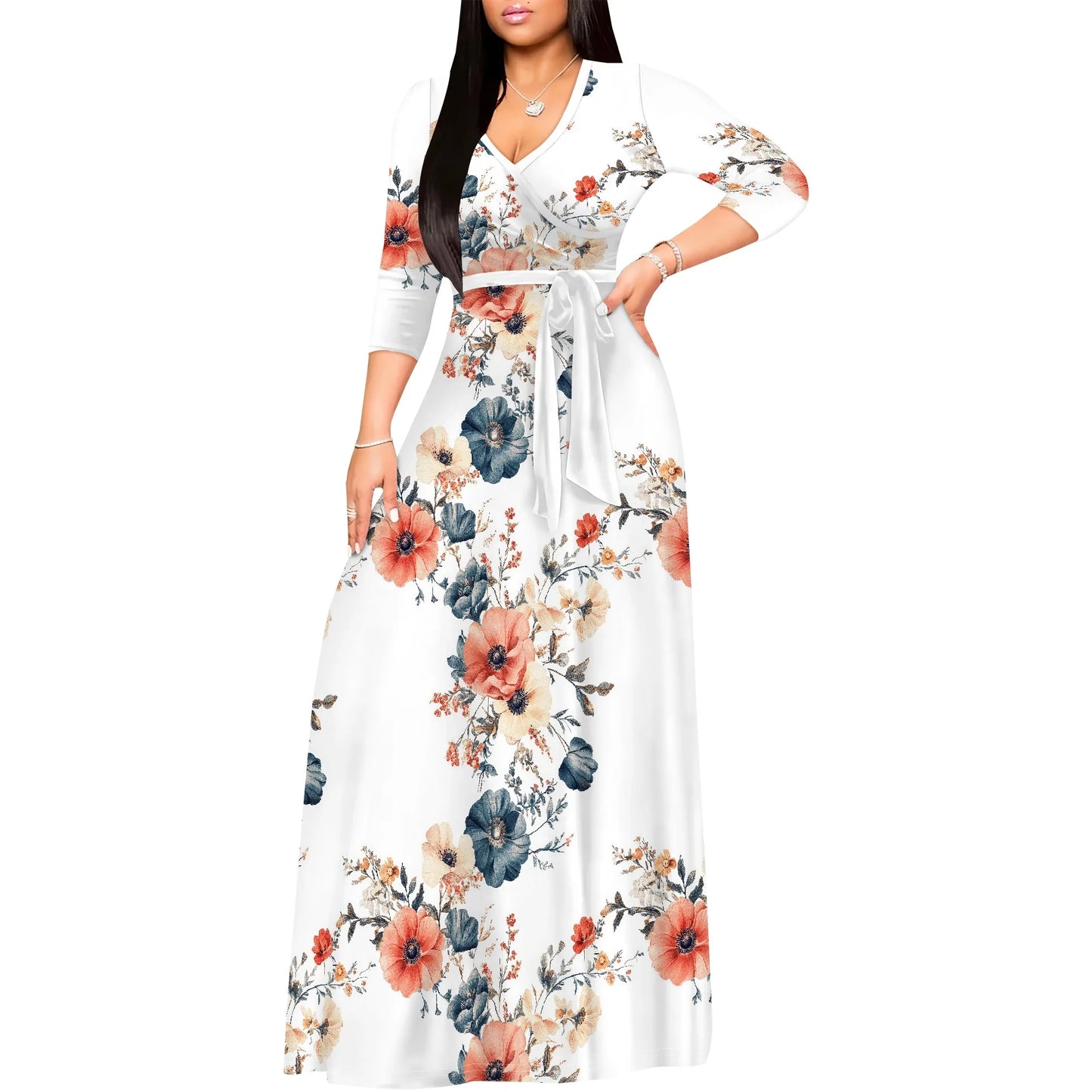 Romantic Floral V-Neck 3/4 Sleeve Wrap Maxi Dress with Belt