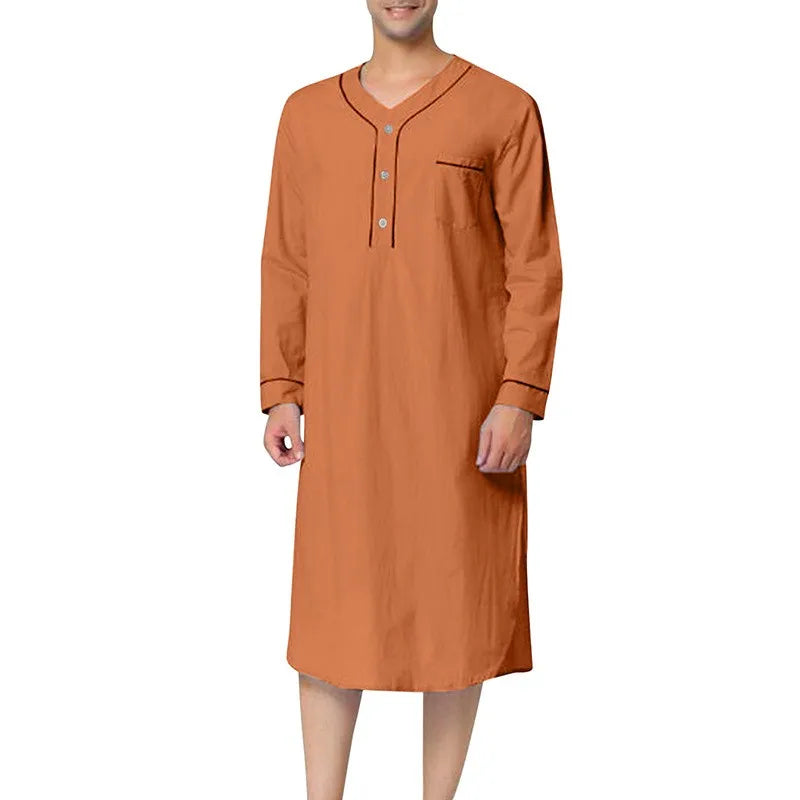 Men's Casual Long Sleeve V-neck Comfortable Pajamas Loose Fit Solid Nightgown