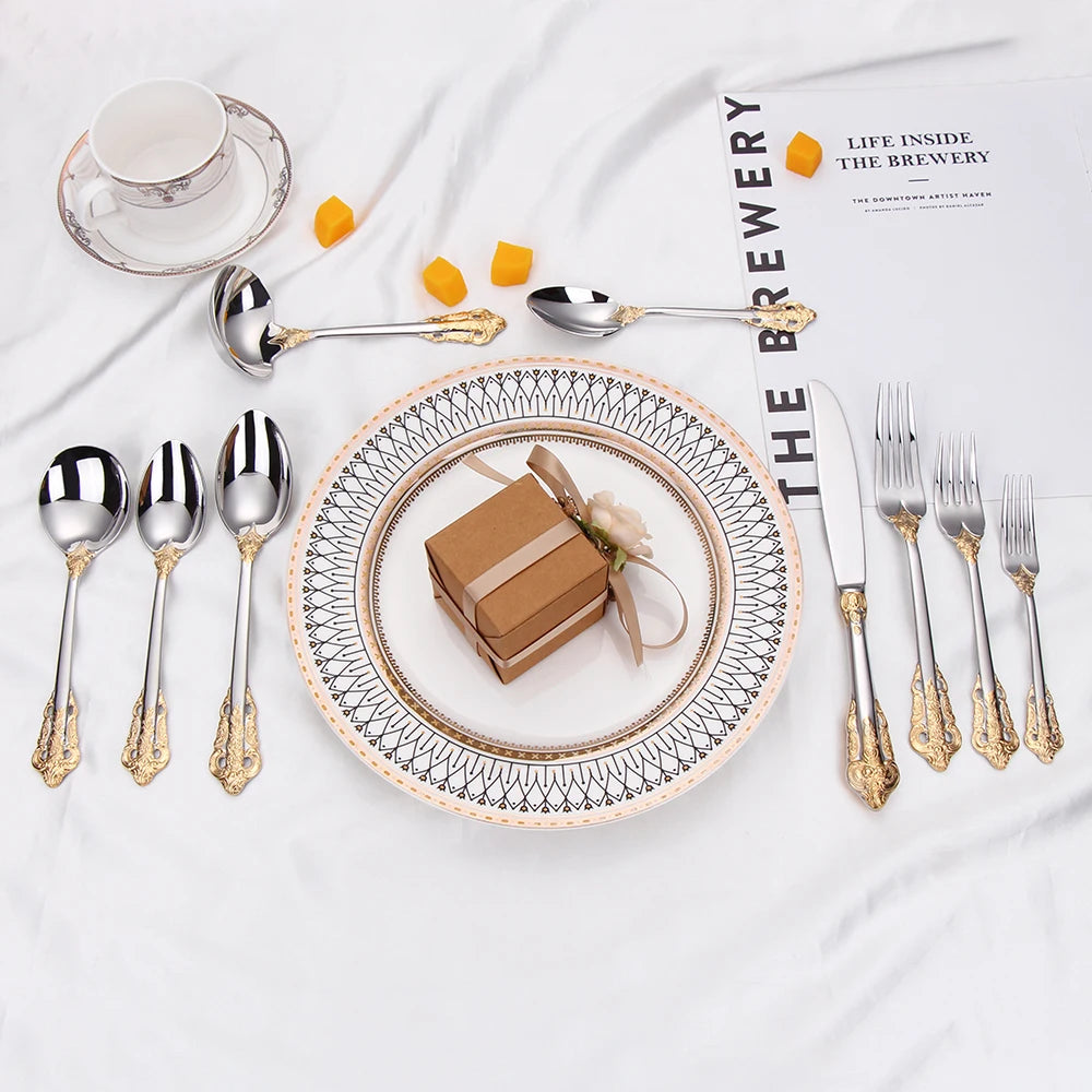 Stainless Steel Silver Flatware Set, Vintage Cutlery, Hollow Handle, Silverware for Wedding, Baroque, 18/10, Glossy Gold