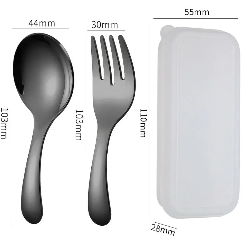 Mini Portable Stainless Steel Spoon Fork Set Storage Dessert Fruit Tool for Work School Short Handle Tableware Suitable for Kids