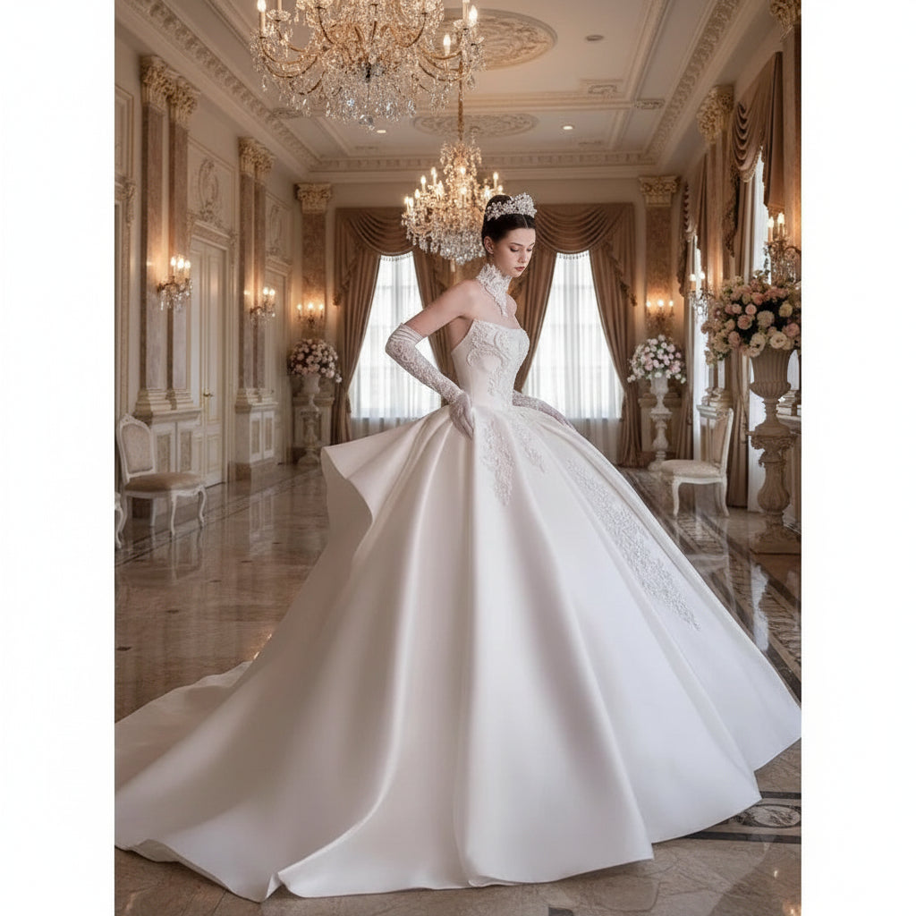 Strapless Luxurious Satin Wedding Bridal Dress Beaded Embroidery Trailing Customized