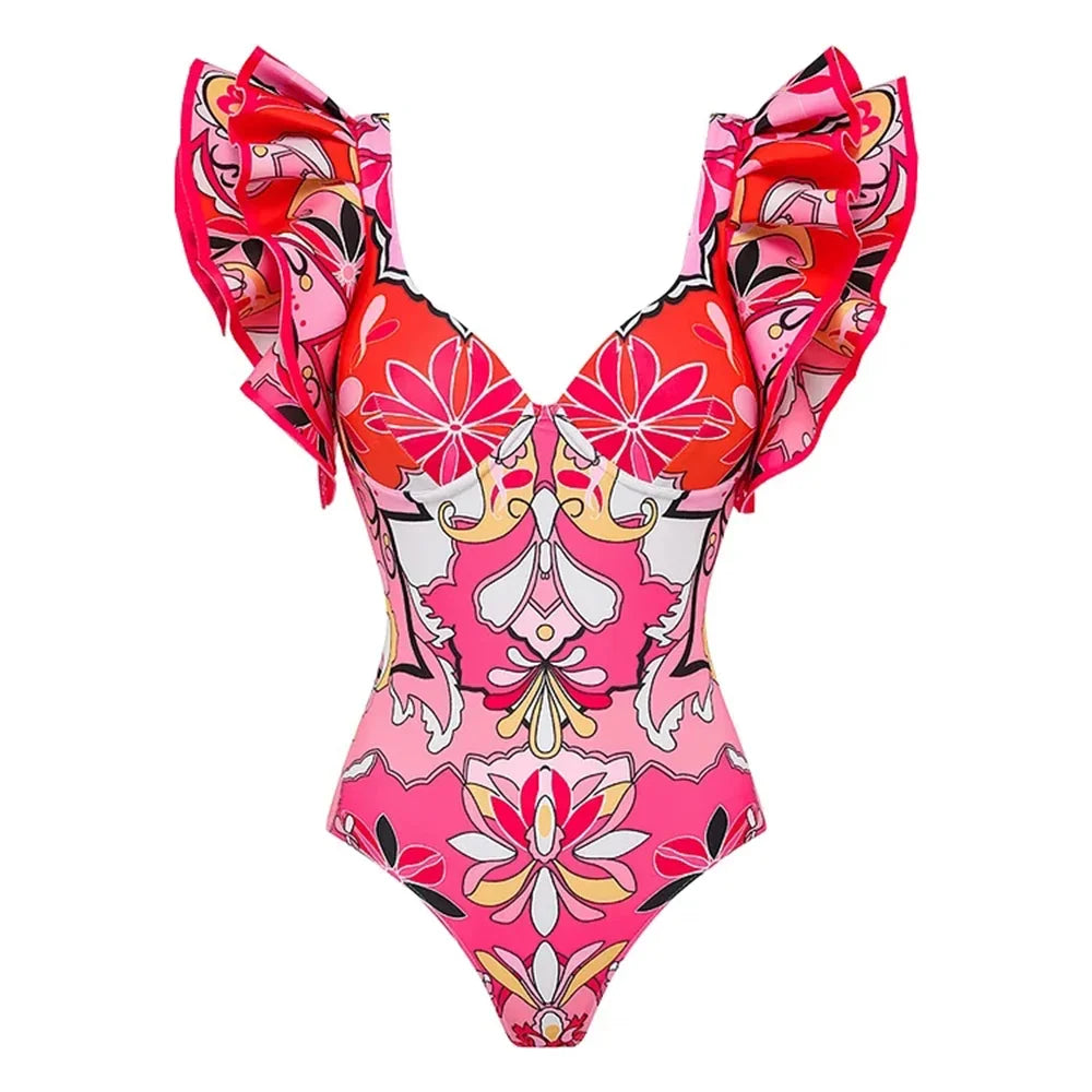 2-Piece Shoulder Ruffle Swimsuit With Cover Up Sexy Beachwear