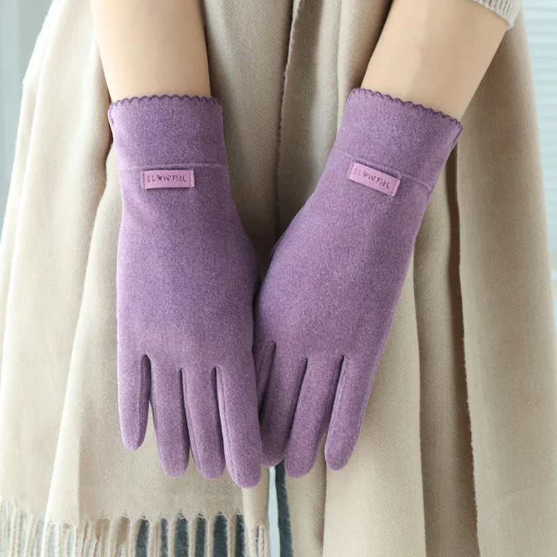 Women Slim Vintage Windproof Touch Screen Suede Winter Gloves