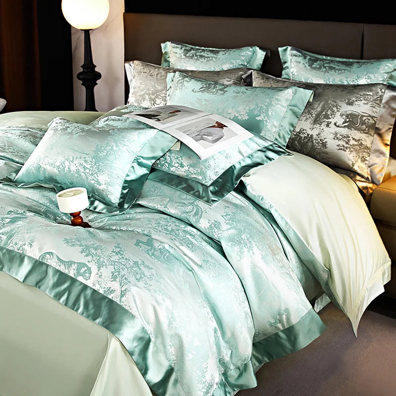 4/6Pcs Luxury Beige Gold Brocade Jacquard Egyptian Cotton Bedding Set Duvet Cover Flat/Fitted Bed Sheet Pillowcases