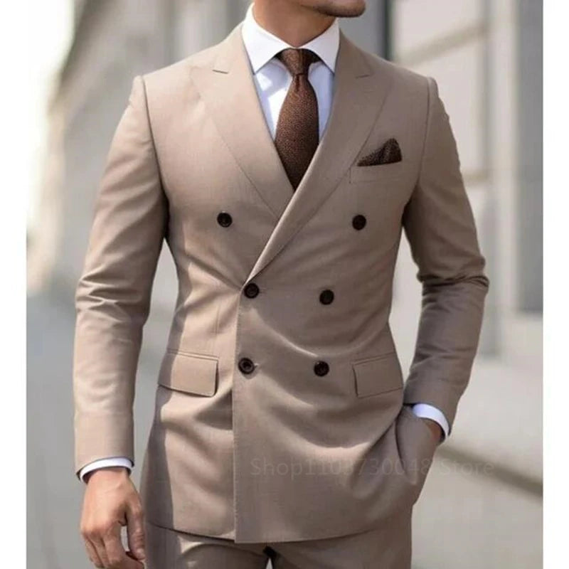 Solid 2 Pieces Men Suits Set Formal Business/Wedding Groom Suits Peak Lapel Double Breasted Blazer Trousers