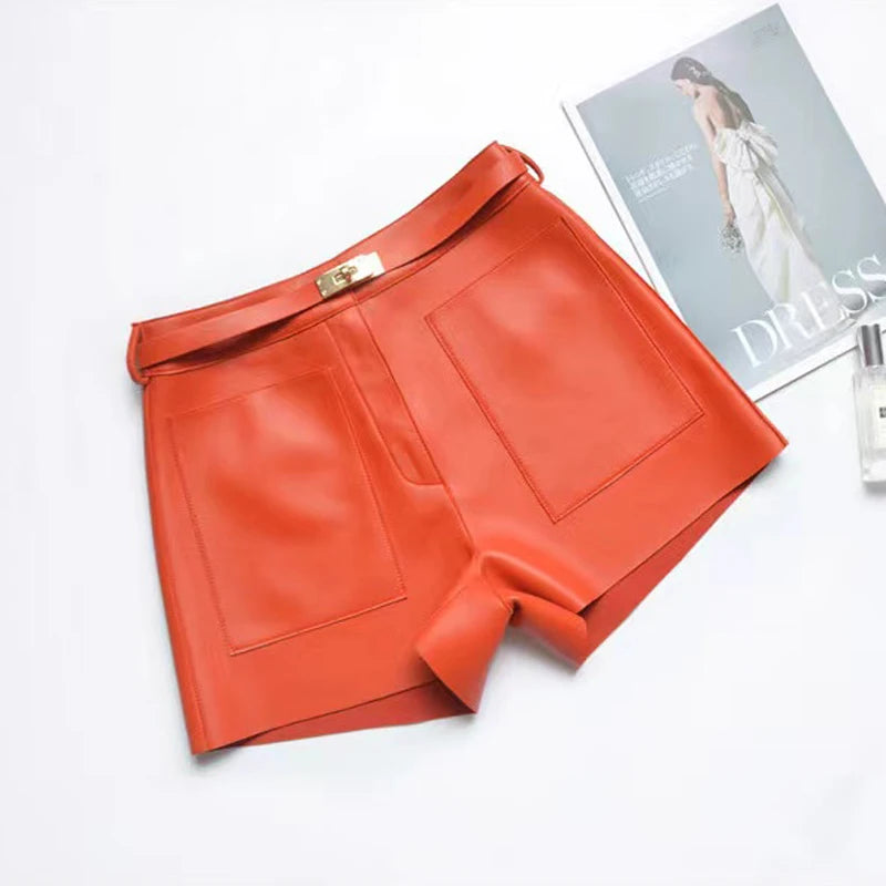 Real Sheepskin Leather Women Shorts