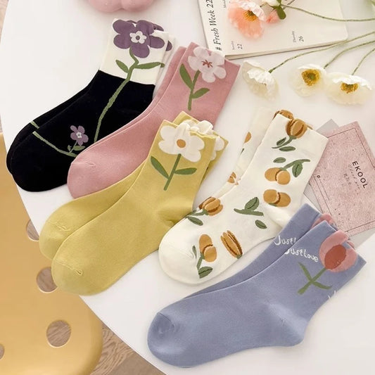 5 Pairs Flower Cotton Breathable Socks For Women