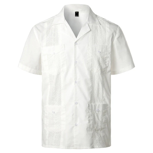 Men's Traditional Cuban Collar Guayabera Shirts Short Sleeve Embroidered w 4 Pockets