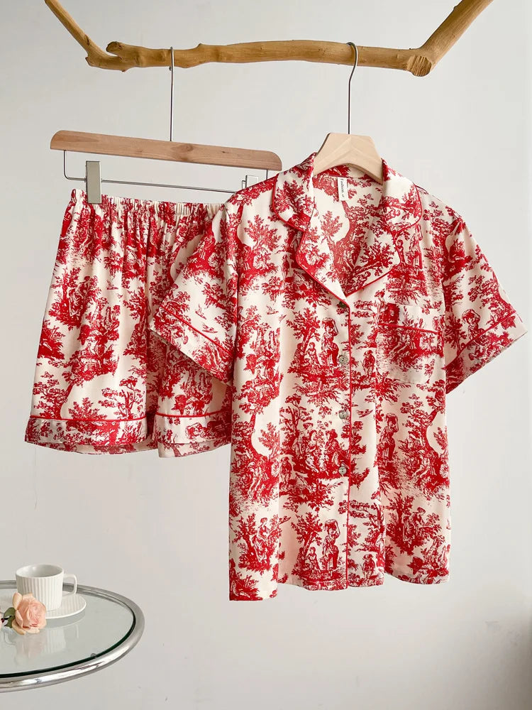 Red Sexy Pajamas Set Lapel Shirt & Pants for Lady Summer Spring 2Pcs Nightwear