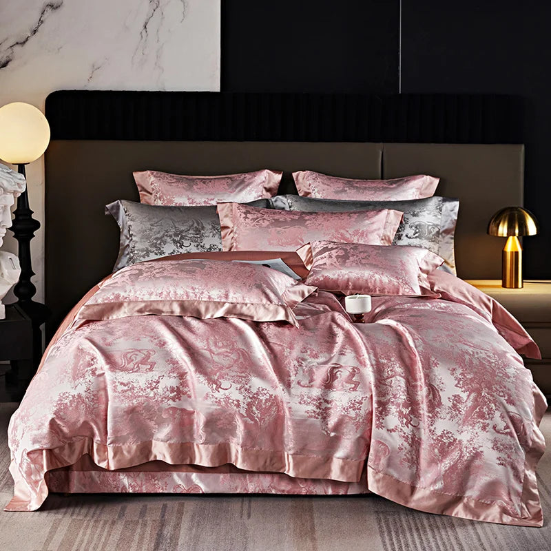 4/6Pcs Luxury Beige Gold Brocade Jacquard Egyptian Cotton Bedding Set Duvet Cover Flat/Fitted Bed Sheet Pillowcases