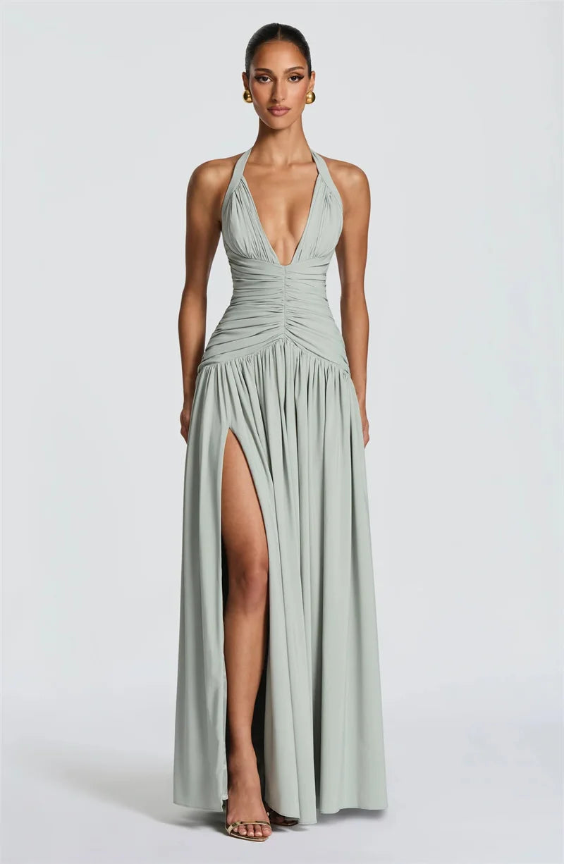 Elegant Halter Deep V Neck Sexy Maxi Women Dress Off-shoulder Sleeveless