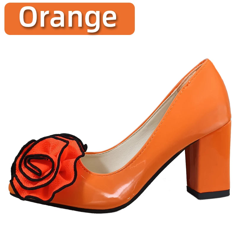 Big Flower Rose 7cm Square Heels Pumps Women Shoes