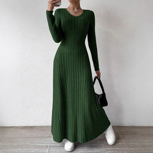 Women Knitted Elegant Winter Maxi Dress O Neck Long Sleeves