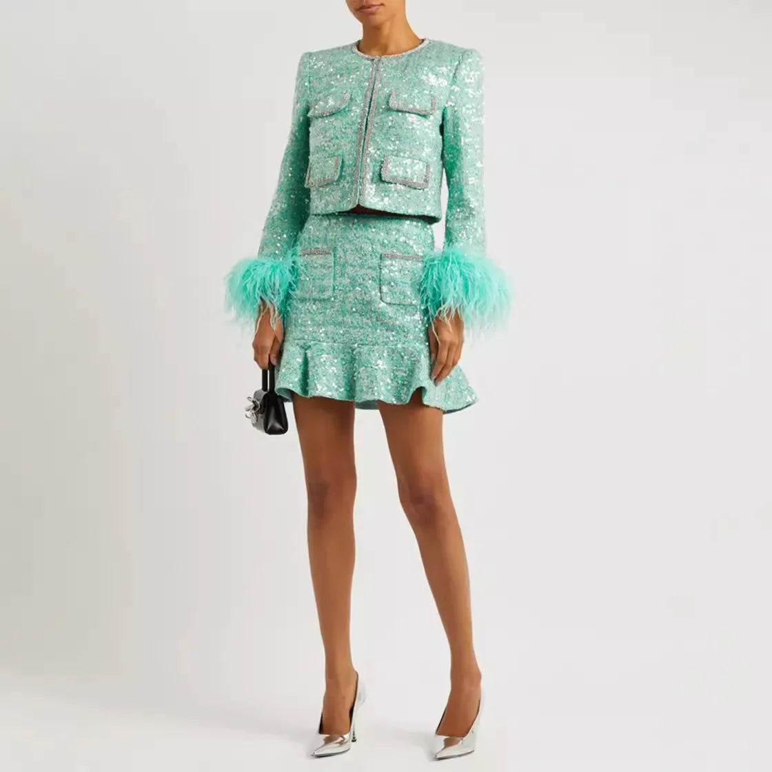 Winter Luxury Sequins Tweed Lightweight Jacket Long Sleeve With Skirt Set