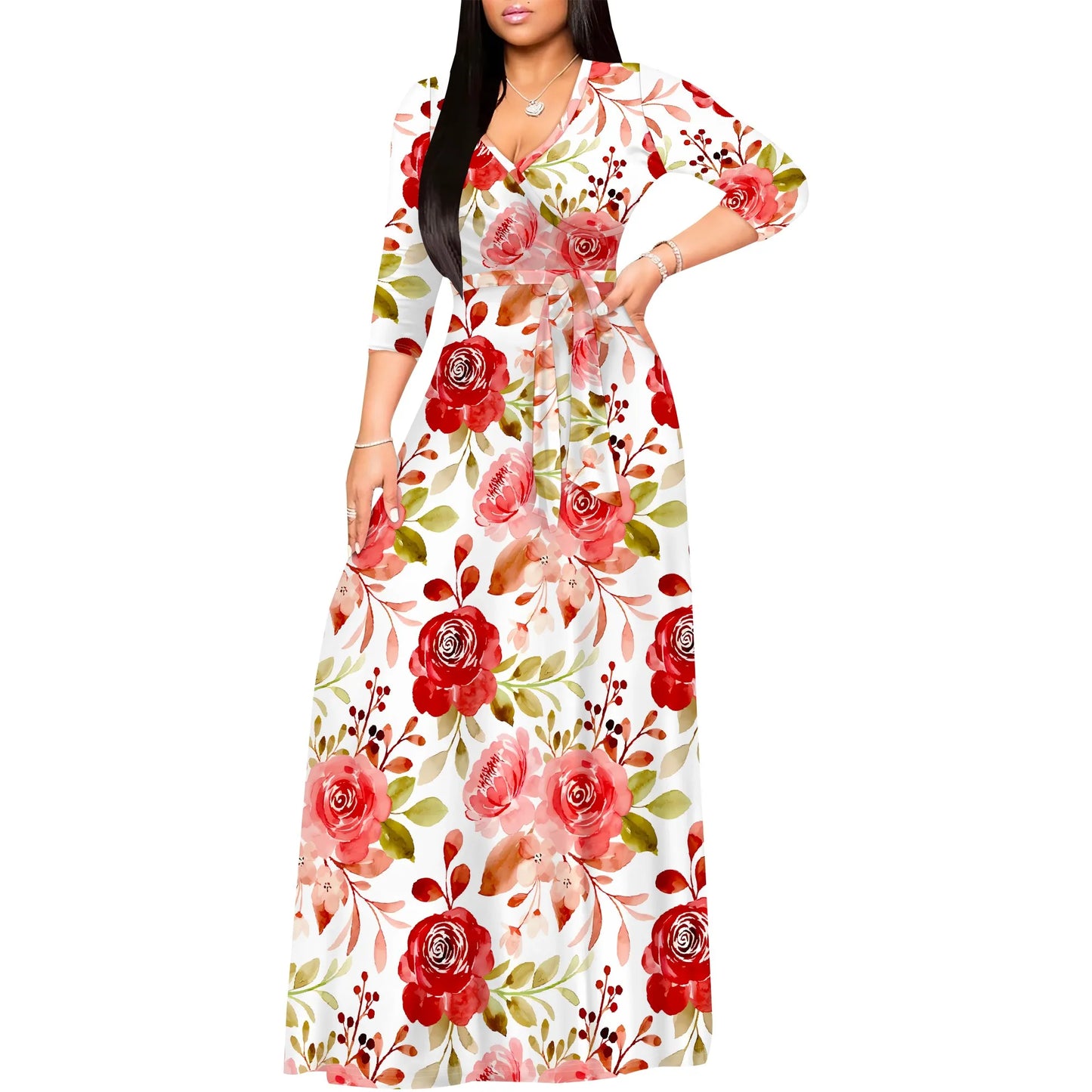 Romantic Floral Rose V-Neck 3/4 Sleeve Wrap Maxi Dress with Belt