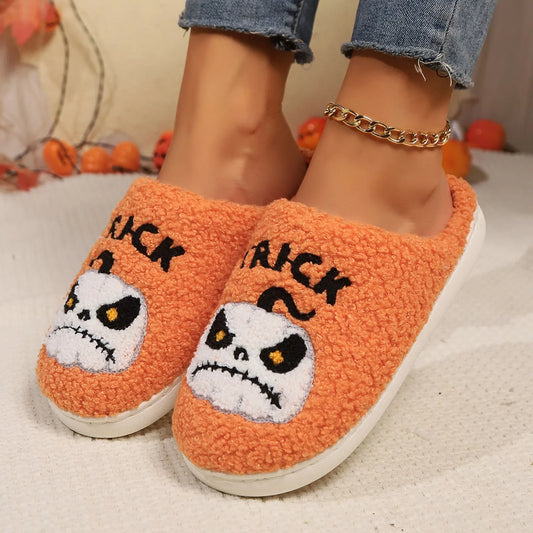 Women's Cartoon Pumpkin Embroidery Plush Warm Slippers Non-slip Indoor