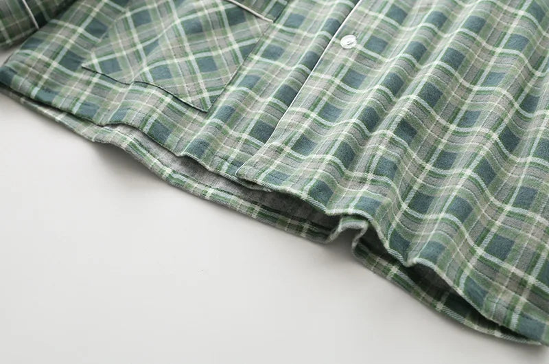 Spring Autumn Winter Long-sleeved Men's Trousers Pajama Set Suits Brushed Cloth Cotton Plaid
