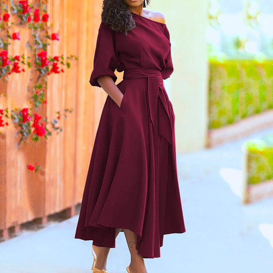 A-Line One Shoulder Women's Formal Dress With Belt Elegant Slim Solid
