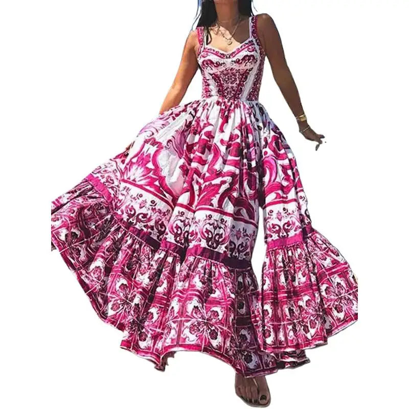 Elegant Summer Bohemian Sling Print Sleeveless A-line Long Dress
